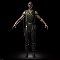 Man In Historical Warrior Costume With Leather Belt And Gold Bracelets Standing Arms Outstretched