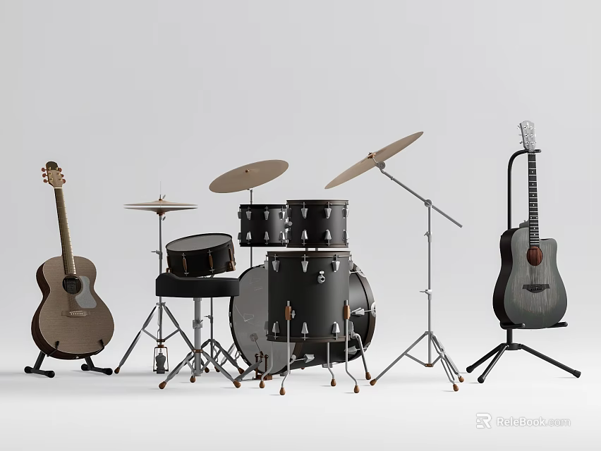 Acoustic Guitars Drum Set With Drumsticks Cymbals And Guitar Stand For Music 3d model 