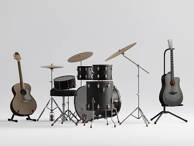 Acoustic Guitars Drum Set With Drumsticks Cymbals And Guitar Stand For Music 3d model