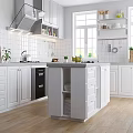Modern White Kitchen Interior With Central Island Windows Appliances And Wooden Floor