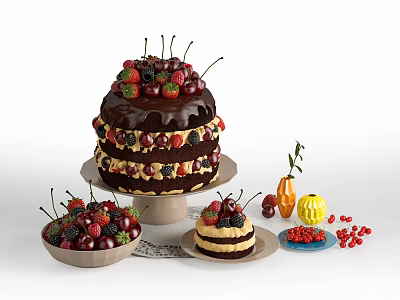 Multi Layer Chocolate Cake Topped With Fresh Cherries Fruit Decorations And Small Cake 3d model