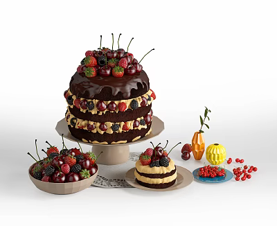 Multi Layer Chocolate Cake Topped With Fresh Cherries Fruit Decorations And Small Cake 3d model