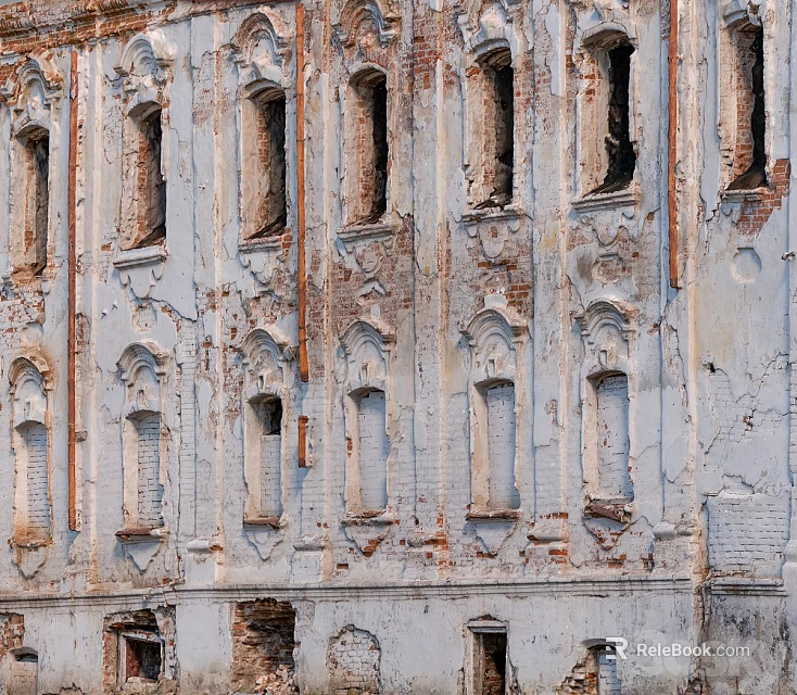 Dilapidated Building Exterior Wall With Broken Windows Peeling Paint Exposed Red Bricks And Decorative Arches 3d model 