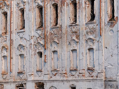 Dilapidated Building Exterior Wall With Broken Windows Peeling Paint Exposed Red Bricks And Decorative Arches 3d model