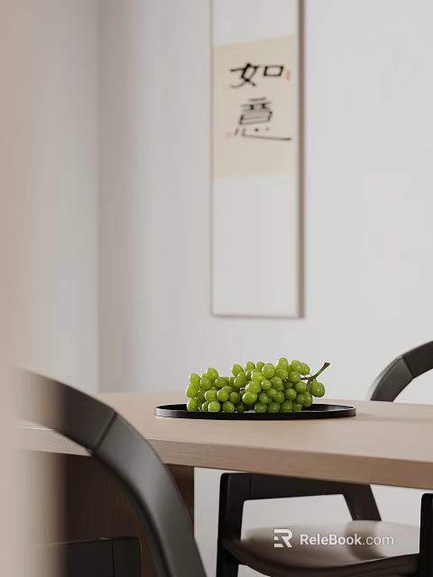 Fresh Green Grapes on Black Plate Placed on Light Colored Table 3d model 