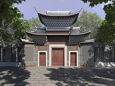 Traditional Chinese Style Entrance Gate With Tiled Roof And Wooden Doors Surrounded By Trees 3d model