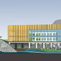 Modern Sales Office Building Design With Glass Curtain Wall Wooden Facade And Water Features