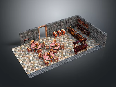 Cozy Restaurant Interior With Dining Tables Stone Walls Wooden Barrels And Vintage Piano 3d model