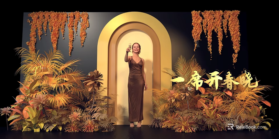 Golden Archway Photo Check-in Spot With Woman In Brown Dress And Orange Plants 3d model 