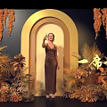 Golden Archway Photo Check-in Spot With Woman In Brown Dress And Orange Plants