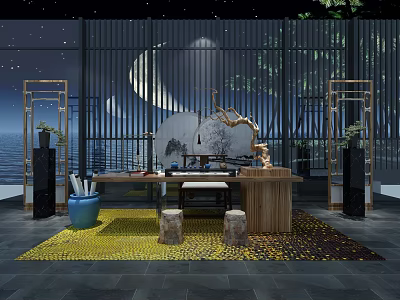 Chinese Style Wooden Desk With Landscape Screen Moon Stools Blue Vase Yellow Rug Interior 3d model