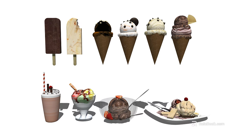 Delicious Assorted Ice Cream Treats Bars Cones Sundaes Milkshakes With Toppings And Flavors 3d model 