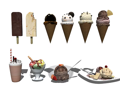 Delicious Assorted Ice Cream Treats Bars Cones Sundaes Milkshakes With Toppings And Flavors 3d model