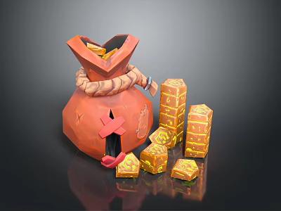 Open Orange Treasure Bag With Red Cross Design Spilled Gold Coins And Stacked Gold Blocks 3d model
