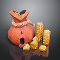 Open Orange Treasure Bag With Red Cross Design Spilled Gold Coins And Stacked Gold Blocks