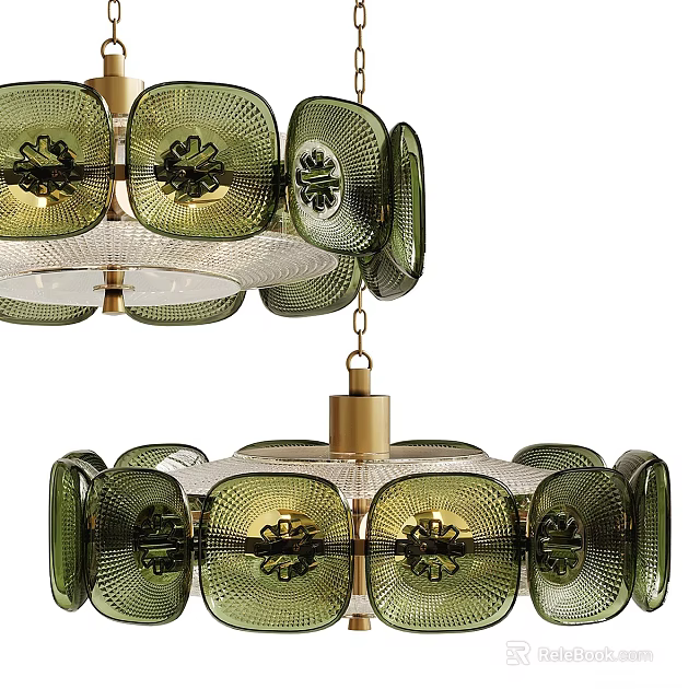 Modern Geometric Chandelier With Green Glass Panels And Gold Metal Frame 3d model 