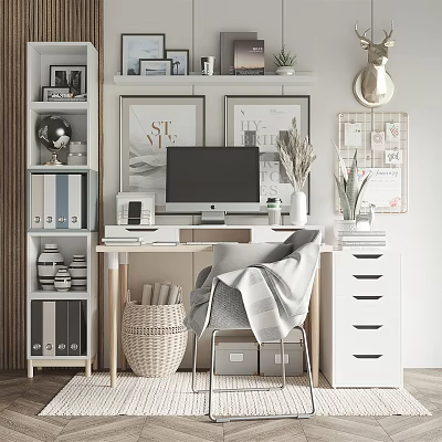 Modern Home Office Desk Setup with Computer Bookshelf and Decorative Plants 3d model