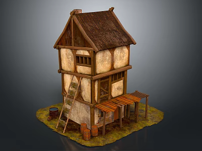 Cartoon Two Story Small Cottage With Thatched Roof Wooden Stairs Barrels And Porch 3d model