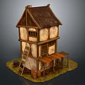 Cartoon Two Story Small Cottage With Thatched Roof Wooden Stairs Barrels And Porch