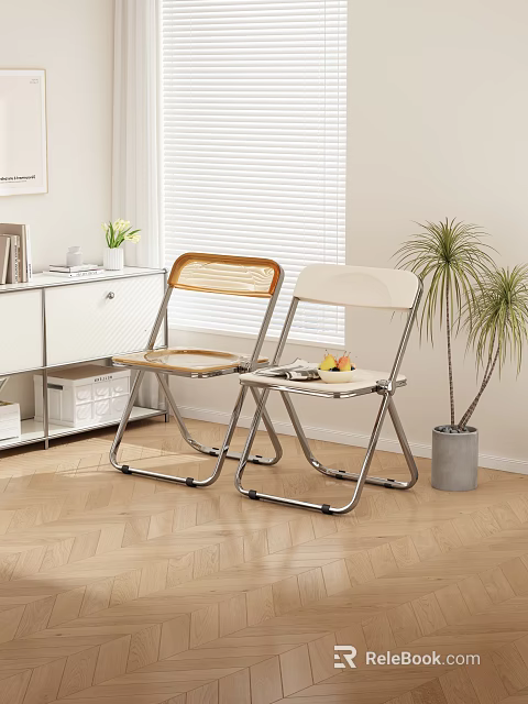 Modern Folding Chairs With Wooden And White Seats Metal Frames And Side Table 3d model 