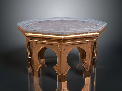 Elegant Octagonal Dining Table Set With Marble Top And Golden Arched Base 3d model
