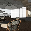 Modern Cafe Outdoor Terrace With Umbrellas Tables Chairs And Wooden Flooring Design