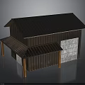 Barn Style Building with Blue Metal Roof Wooden Siding and Roll Up Door Overhang