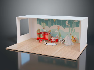Scenic Children's Room Background With Hot Air Balloons Moon Trees And Wooden Floor 3d model