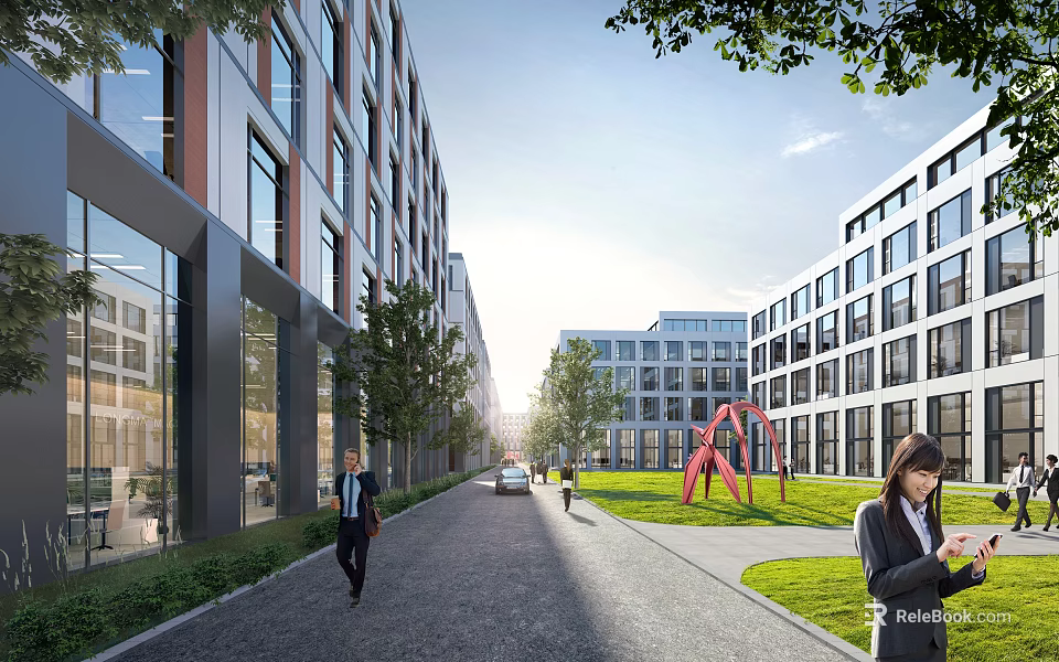 Modern Office Buildings In Urban Setting With Greenery Sculpture And Pedestrians 3d model 