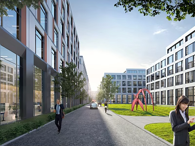 Modern Office Buildings In Urban Setting With Greenery Sculpture And Pedestrians 3d model