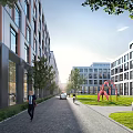 Modern Office Buildings In Urban Setting With Greenery Sculpture And Pedestrians