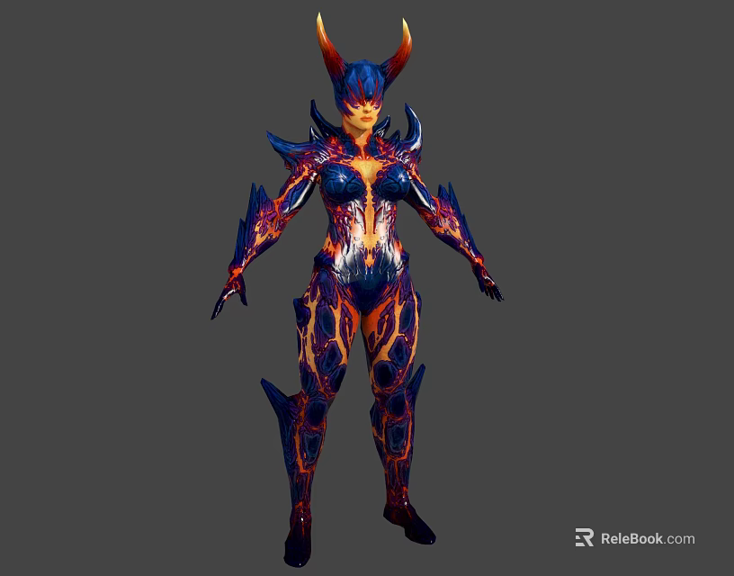 Horned Fantasy Character With Fiery Armored Bio Suit And Mythical Creature Design 3d model 