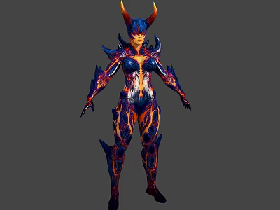 Horned Fantasy Character With Fiery Armored Bio Suit And Mythical Creature Design 3d model