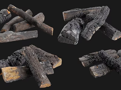 Various Natural Firewood Logs and Charcoal Pieces Stacked in Different Piles 3d model