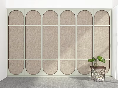 White Arched Top Wardrobe With Beige Linen Panels And Small Side Table With Green Plant 3d model