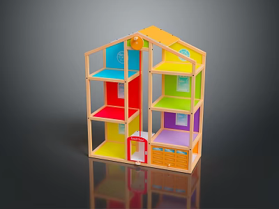 Colorful Wooden Toy Storage Cabinet With Playhouse Design And Multi Layer Shelves 3d model