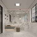 Modern Bathroom With Marble Walls Sink Washing Machine Cabinets And Ceiling Lights