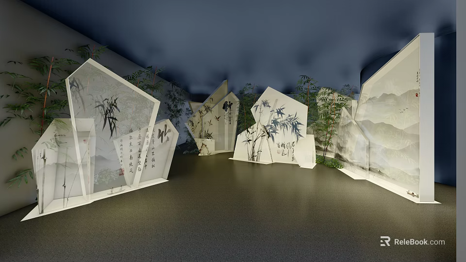 Traditional Chinese Screens With Bamboo Paintings And Landscape Patterns In Indoor 3d model 