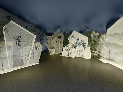Traditional Chinese Screens With Bamboo Paintings And Landscape Patterns In Indoor 3d model