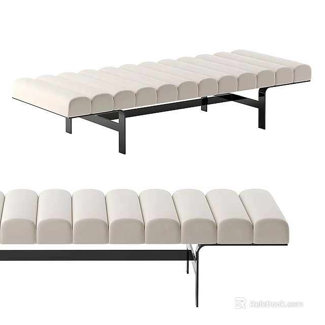 Modern Upholstered Ottoman With Beige Cushioned Seats And Black Metal Frame Design 3d model 