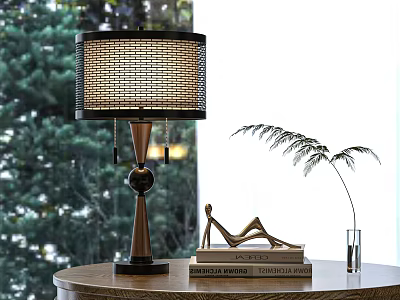 Modern Table Lamp With Woven Lampshade Metal Base On Wooden Table And Plant Green Background 3d model