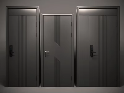 Modern Dark Gray Security Doors With Linear Patterns And Secure Lock Systems 3d model