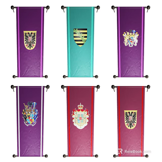 Colorful National Flags With Coat Of Arms In Purple Turquoise And Red Hanging 3d model 