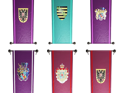 Colorful National Flags With Coat Of Arms In Purple Turquoise And Red Hanging 3d model