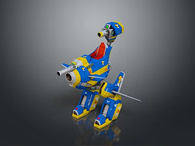Blue And Yellow Lego Robot Model With Mechanical Legs Cannon And Spear 3d model