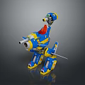 Blue And Yellow Lego Robot Model With Mechanical Legs Cannon And Spear