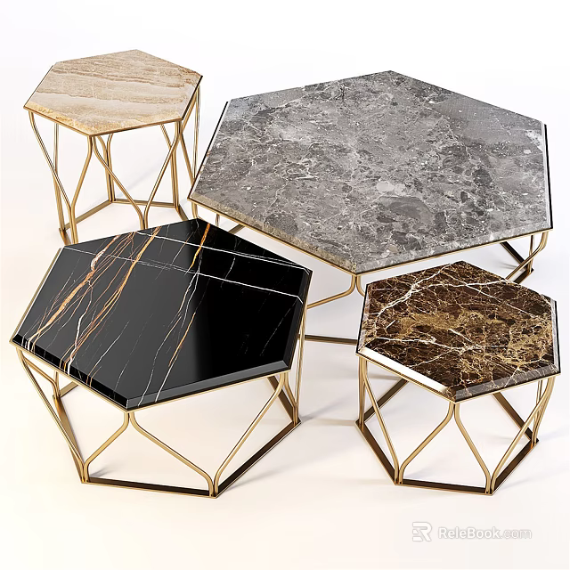 Hexagonal Coffee Tables With Marble Tops And Gold Metal Frames Various Designs 3d model 