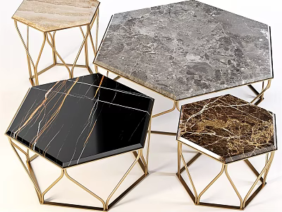 Hexagonal Coffee Tables With Marble Tops And Gold Metal Frames Various Designs 3d model
