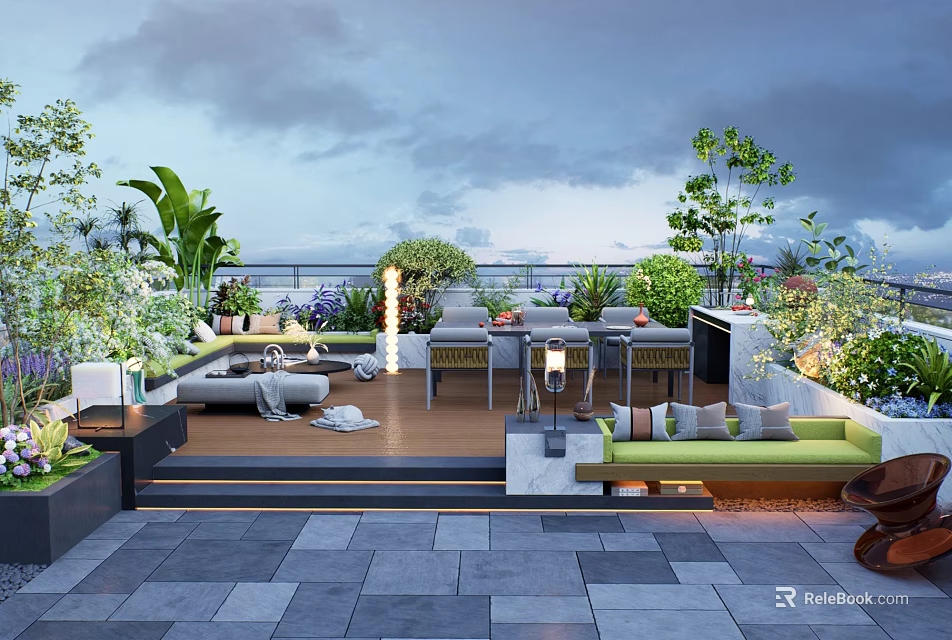 Rooftop Garden With Lush Green Plants Outdoor Seating Wooden Deck And Lighting 3d model 