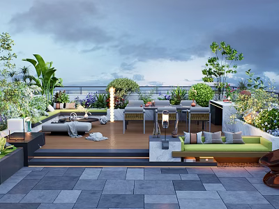 Rooftop Garden With Lush Green Plants Outdoor Seating Wooden Deck And Lighting 3d model